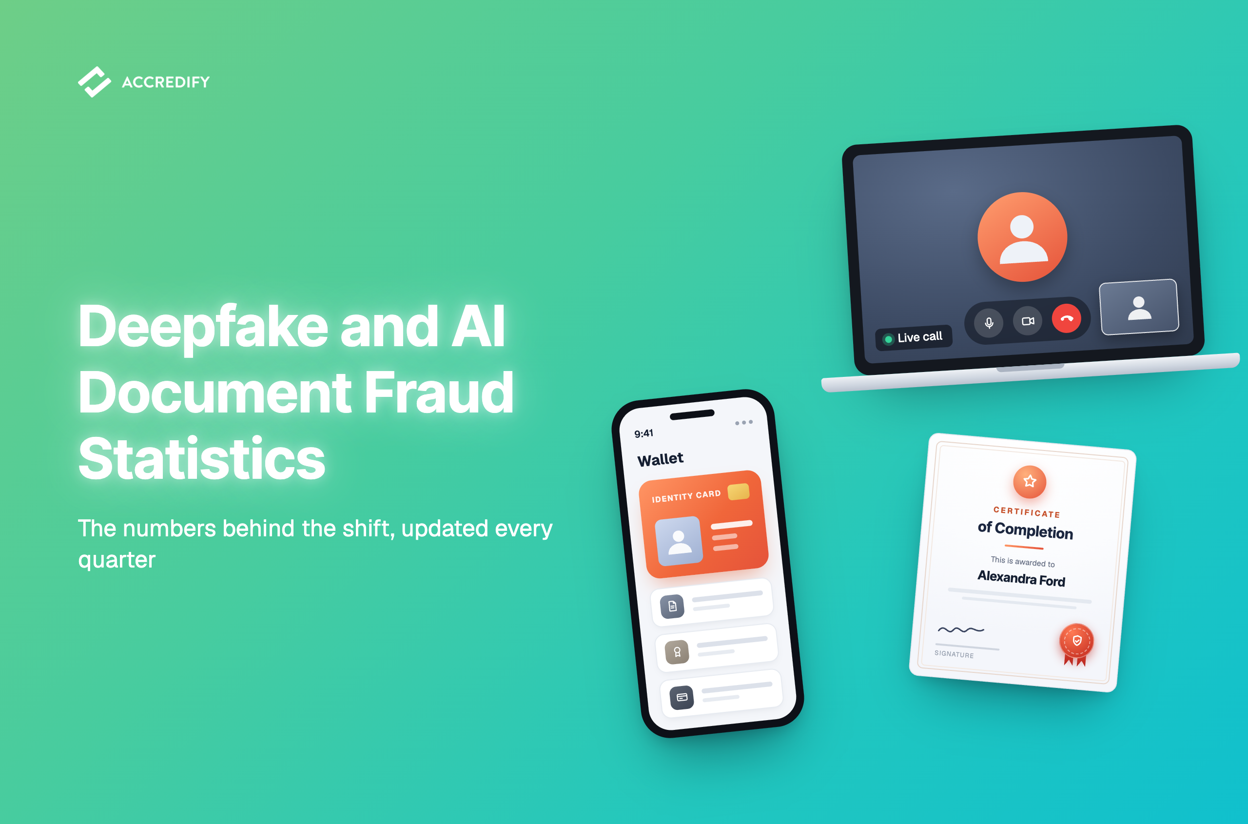 Deepfake and AI document fraud statistics: an official document rising into an ascending motif of faint duplicated copies, showing fraud volume climbing through AI replication