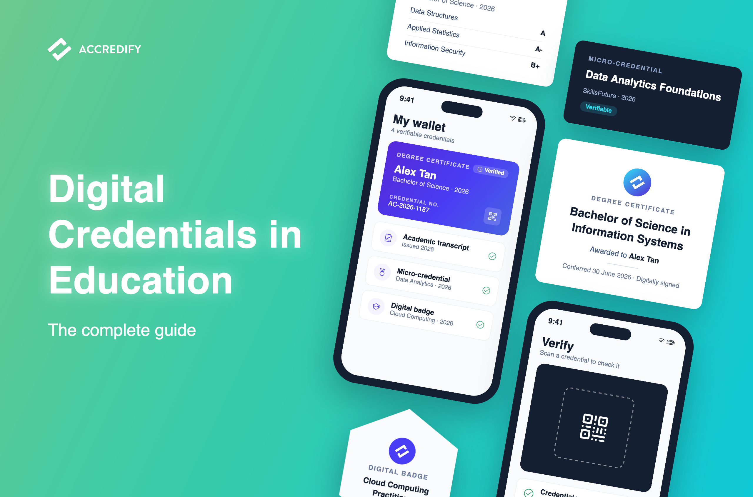 Digital credentials in education: a slanted stack of verifiable education credentials including a degree certificate, academic transcript, micro-credential, and digital badge