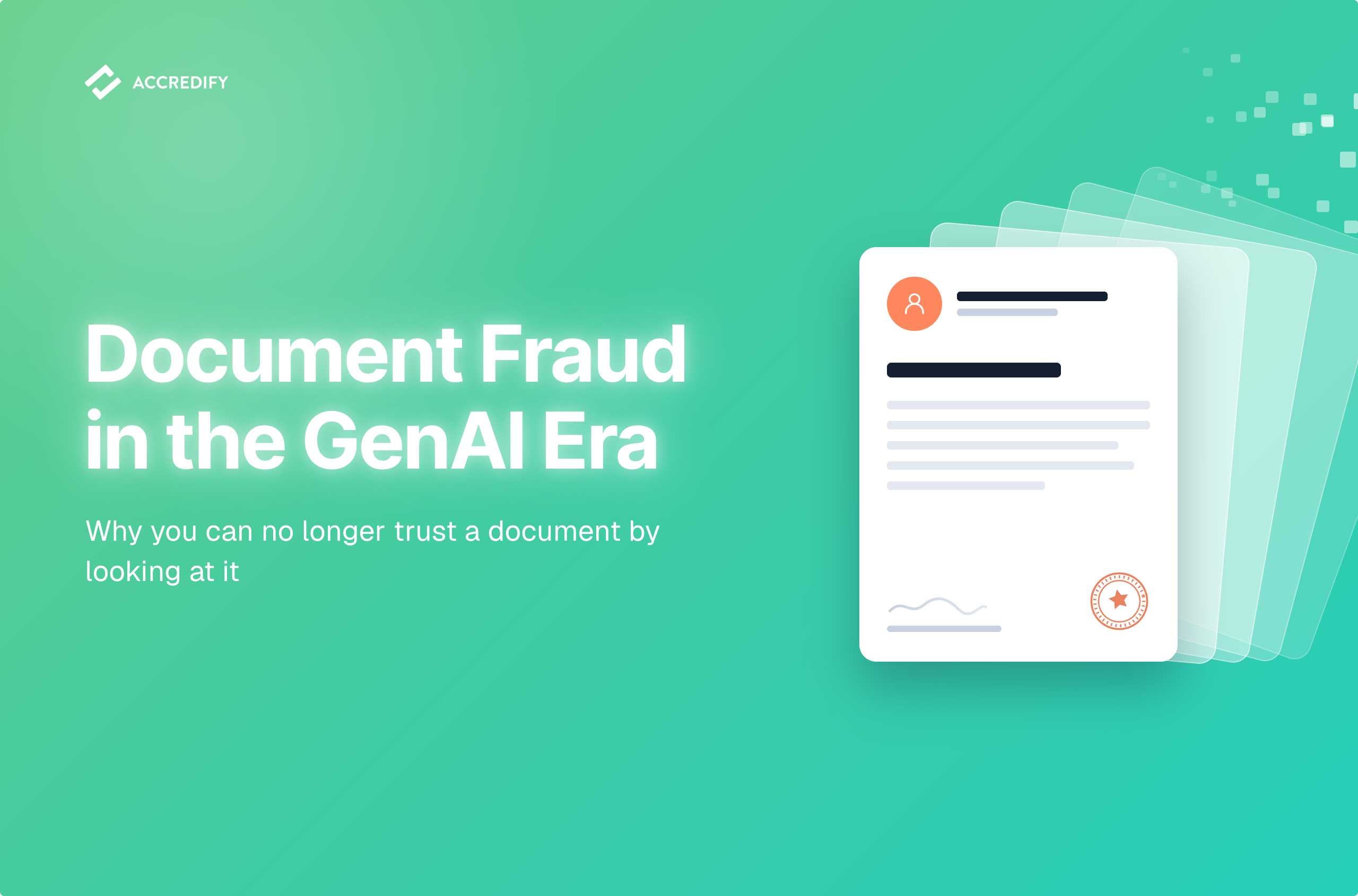 Document fraud in the GenAI era: an official certificate duplicating into faint copies that dissolve into pixels, showing how AI replicates a trusted document