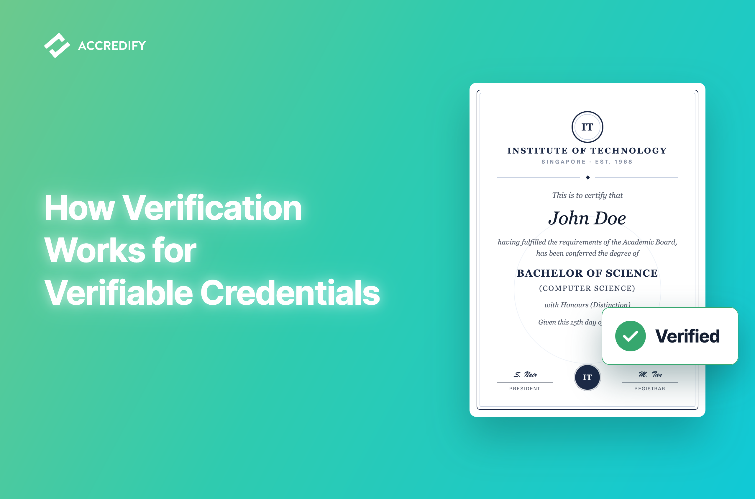 How verification works for Verifiable Credentials: a credential document with a pop-up UI showing a green tick and the result Verified