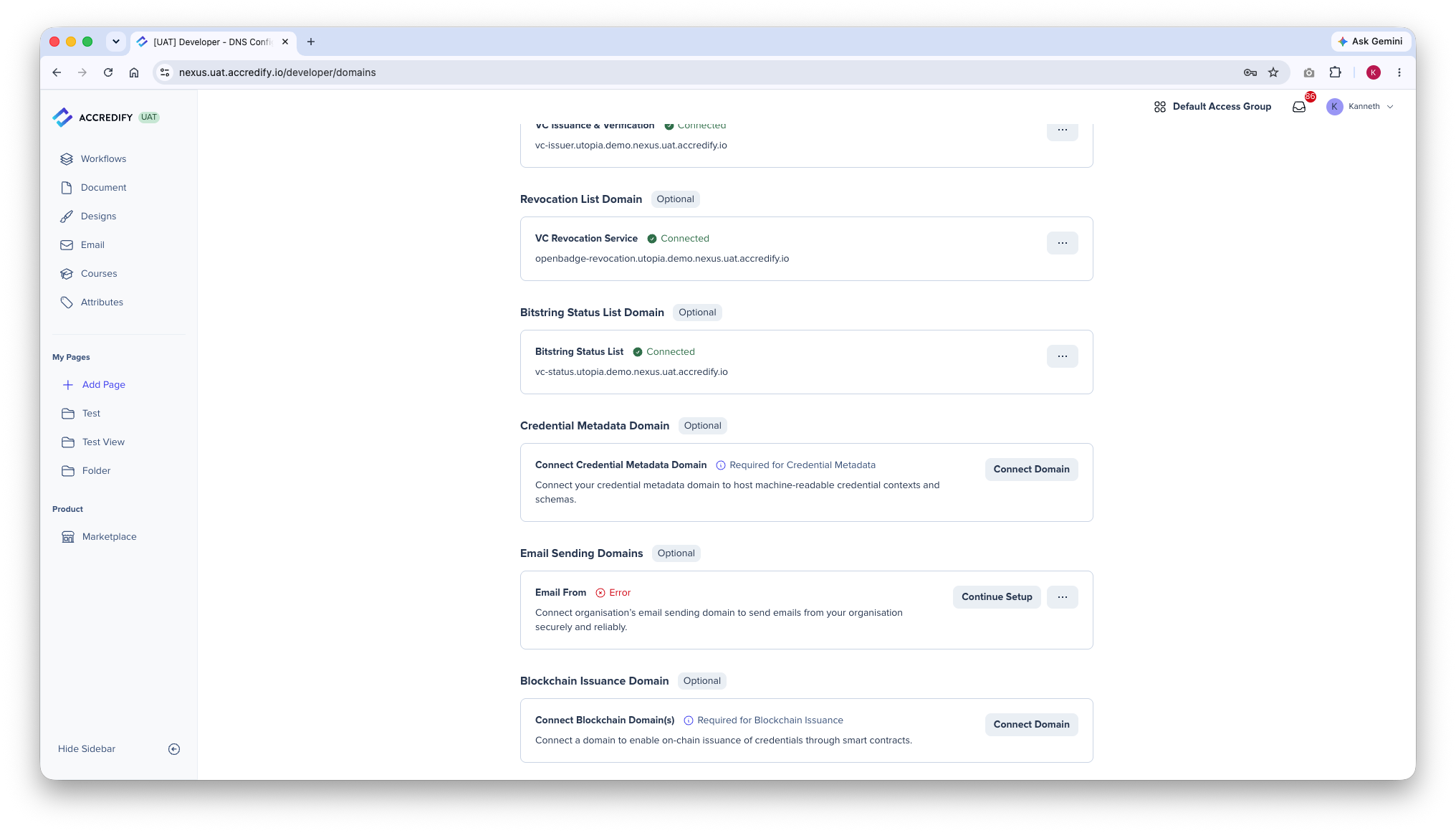 DNS Configuration page with the blockchain issuance domain field highlighted