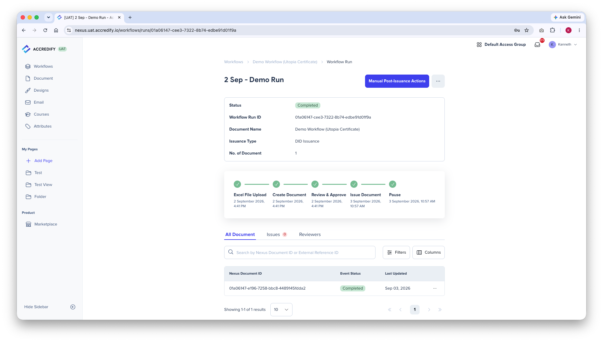 Workflow Run view showing available manual post-issuance actions