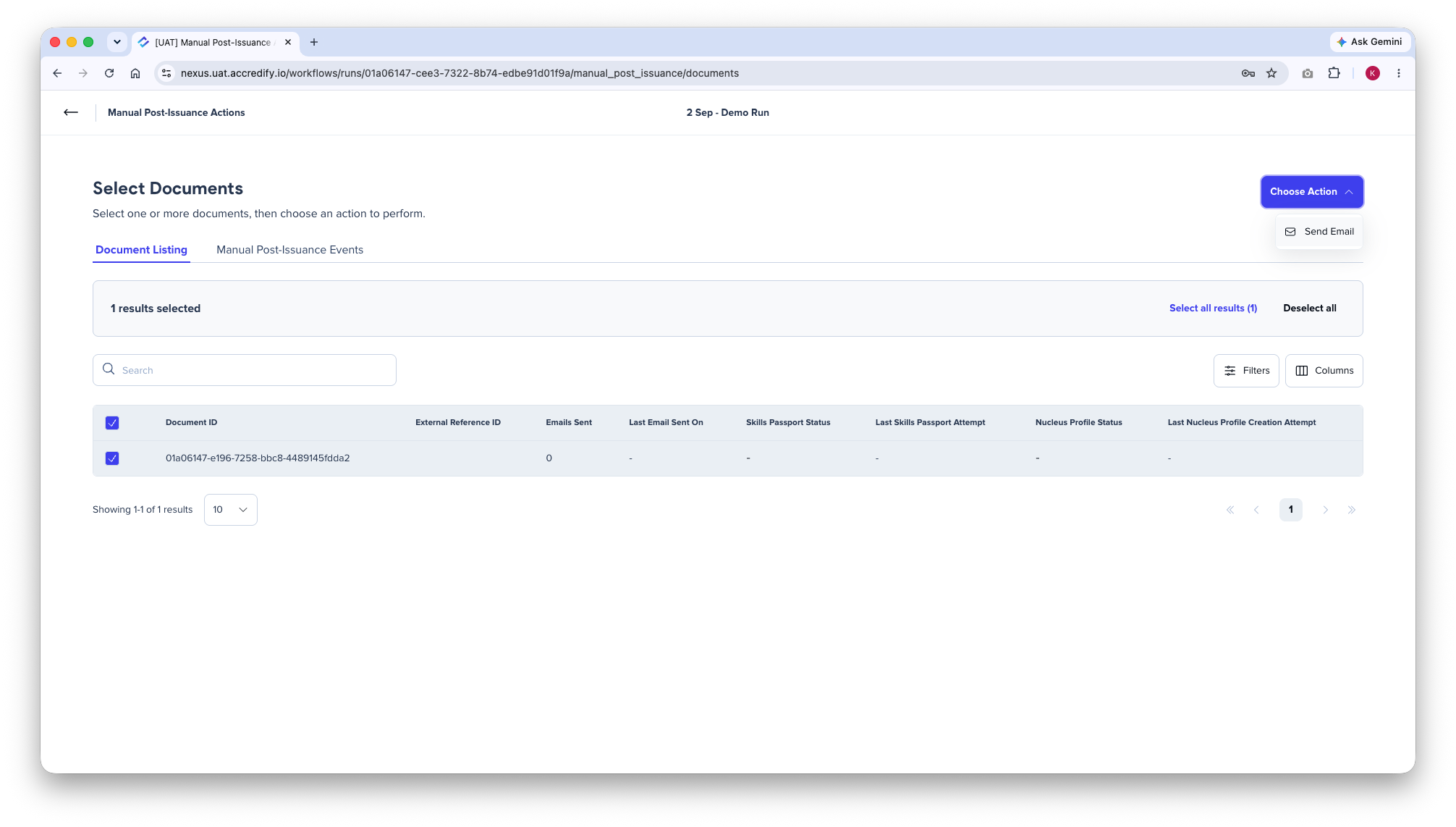 Document listing view with documents selected for a manual post-issuance action