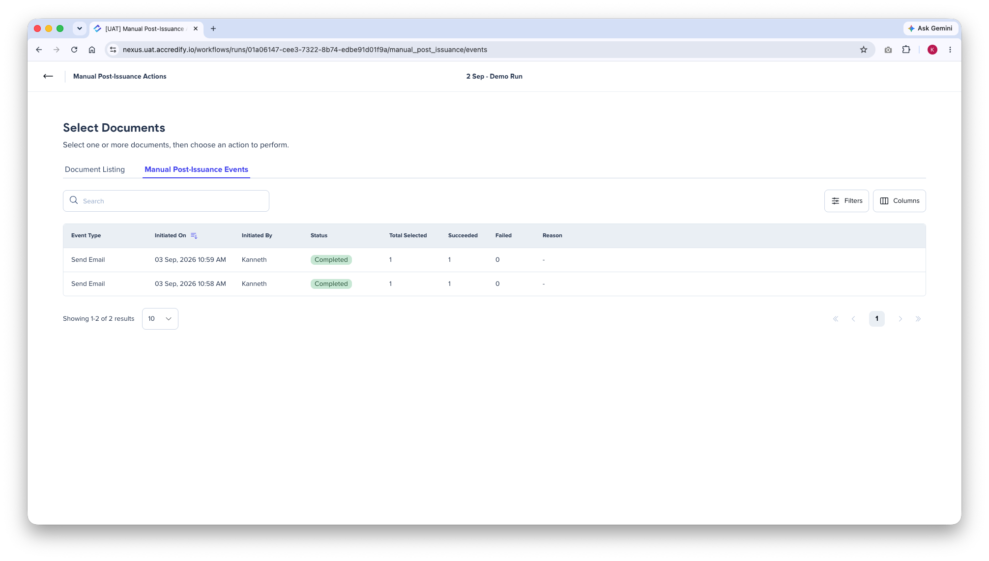 Log of manual post-issuance events for a Workflow Run