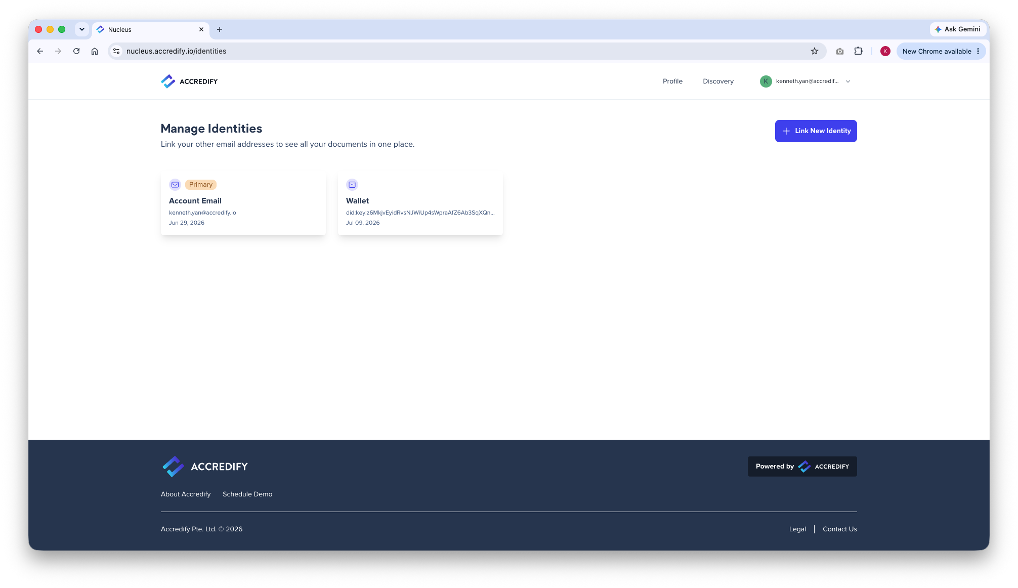 Manage Identities page in Nucleus showing part of the account’s private key