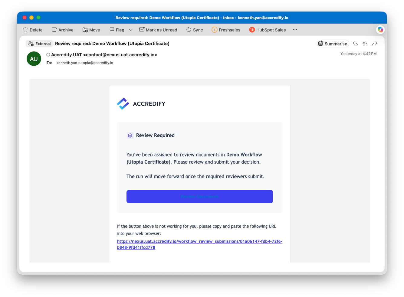 Email notifying a reviewer that documents are waiting for approval