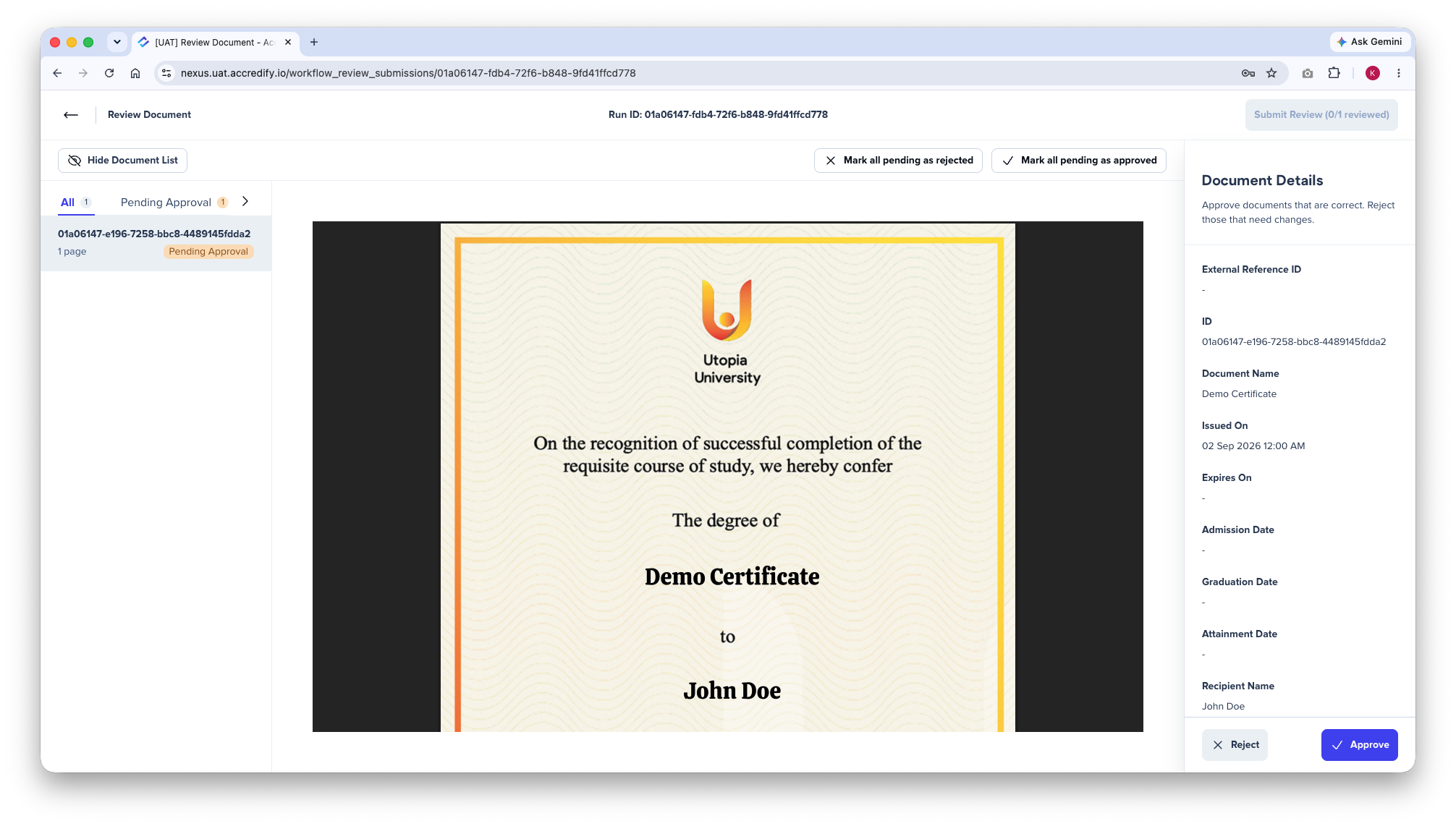 Reviewer previewing an individual document on the Review and Approve page