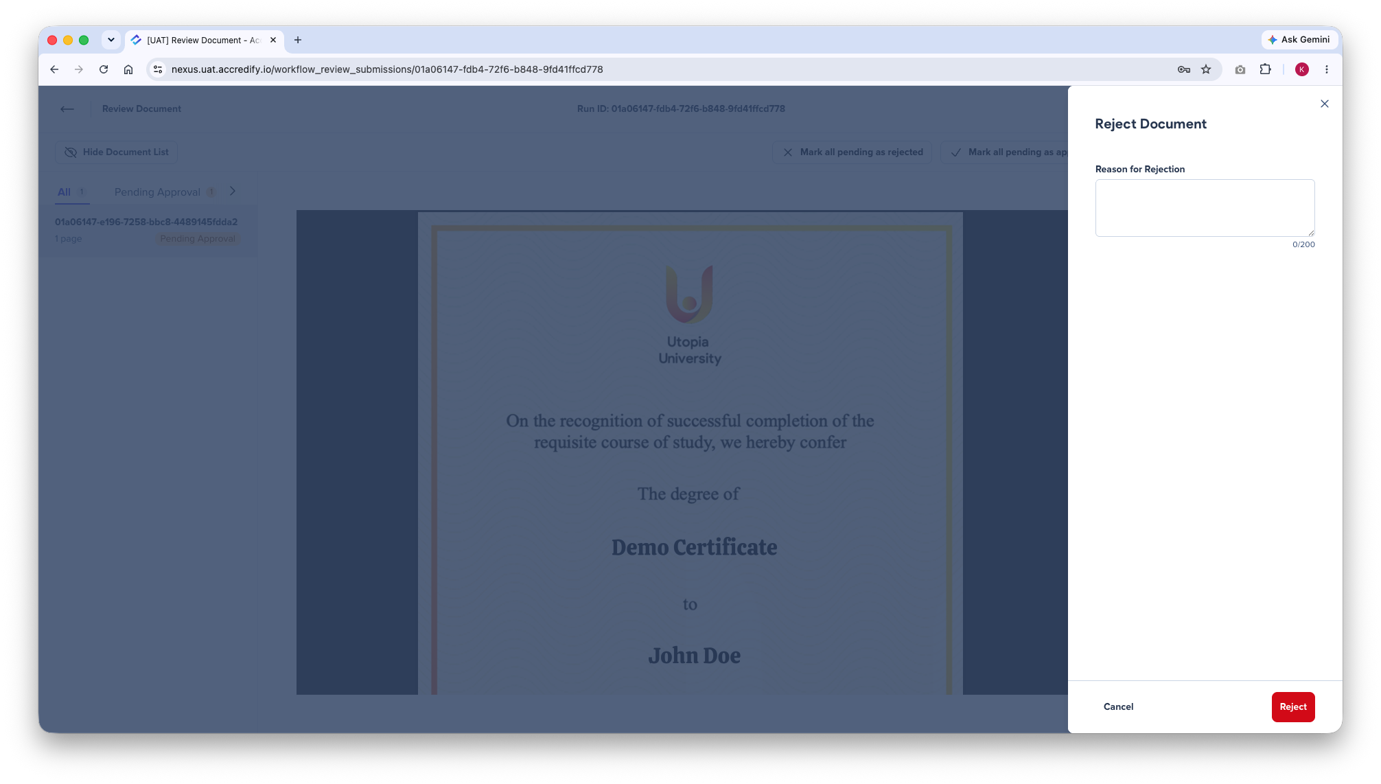 Pop-up box where a reviewer enters the reason for rejecting a document
