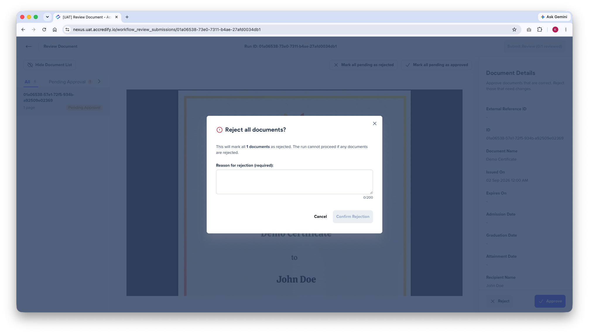 Bulk rejection of documents on the Review and Approve page