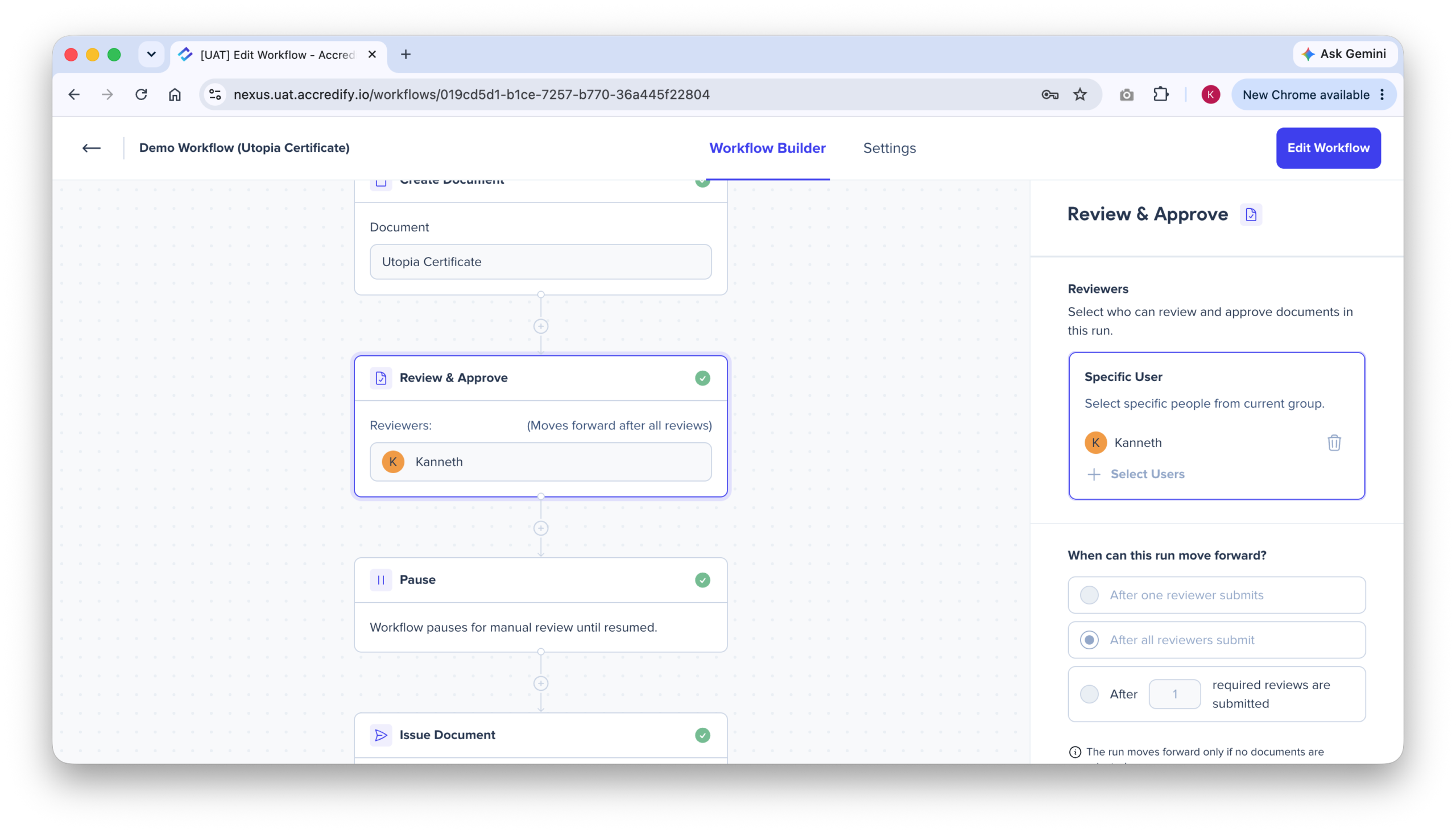 Setting up a Workflow with the Review and Approve action placed between Create Document and Issue Document