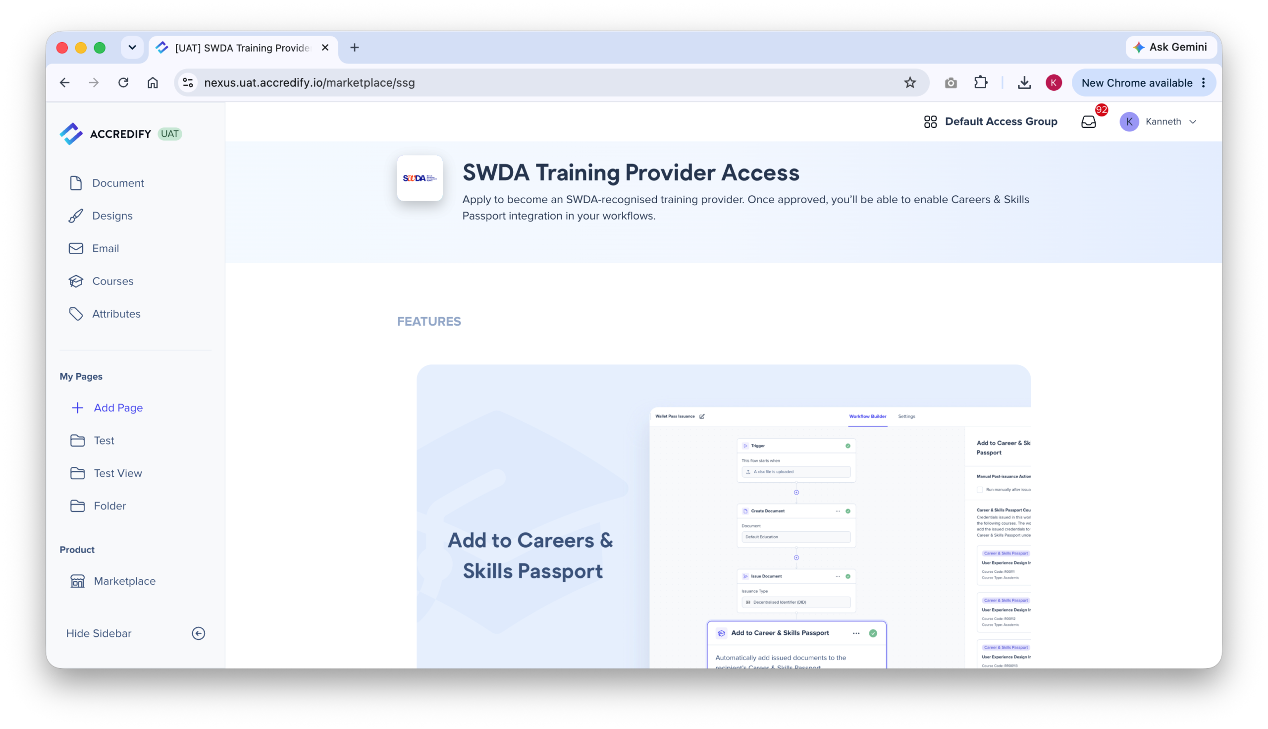 SWDA Training Provider Access page in the Nexus Marketplace