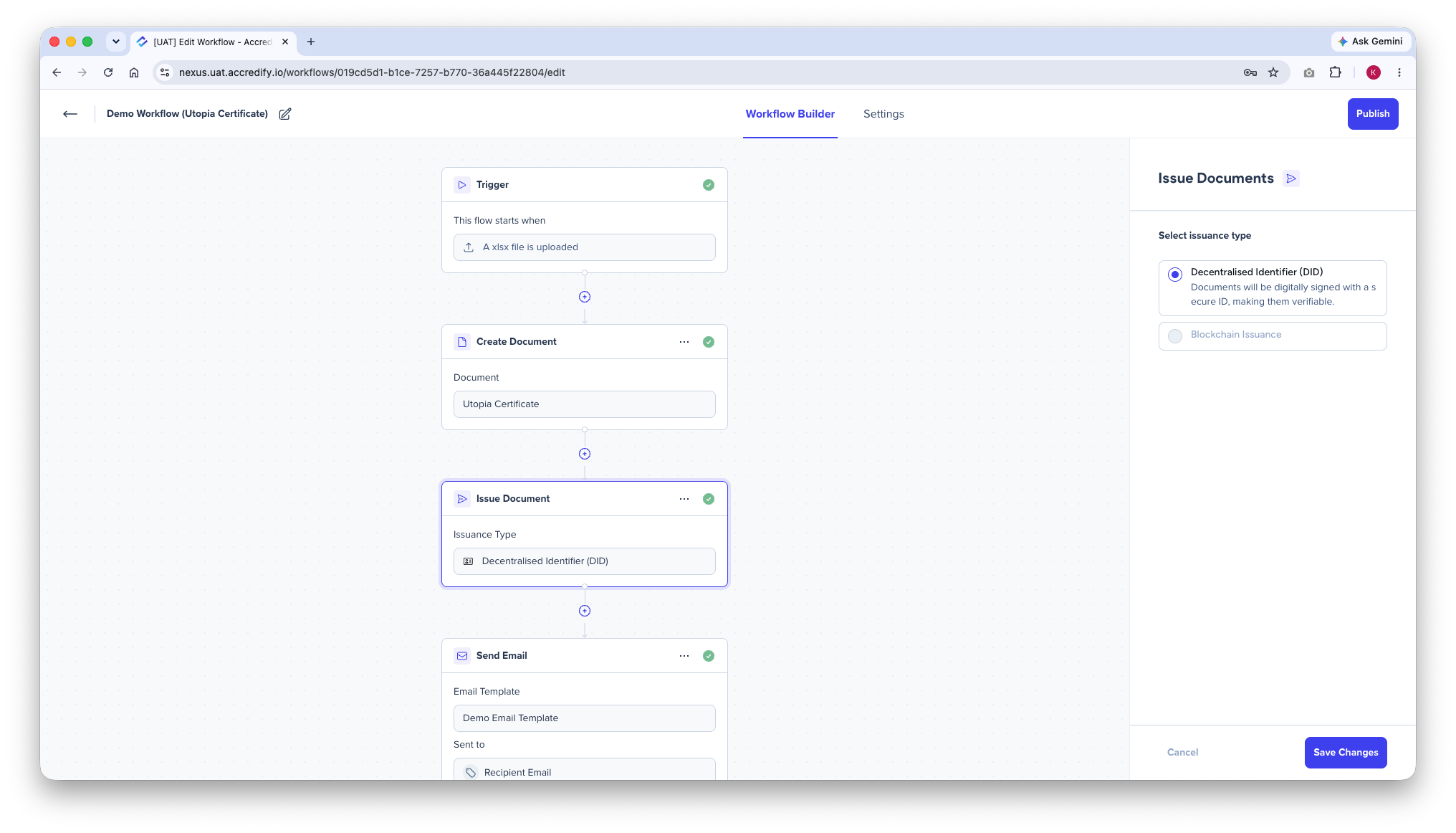 Issue Document card in a Workflow with Blockchain Issuance selected as the issuance type