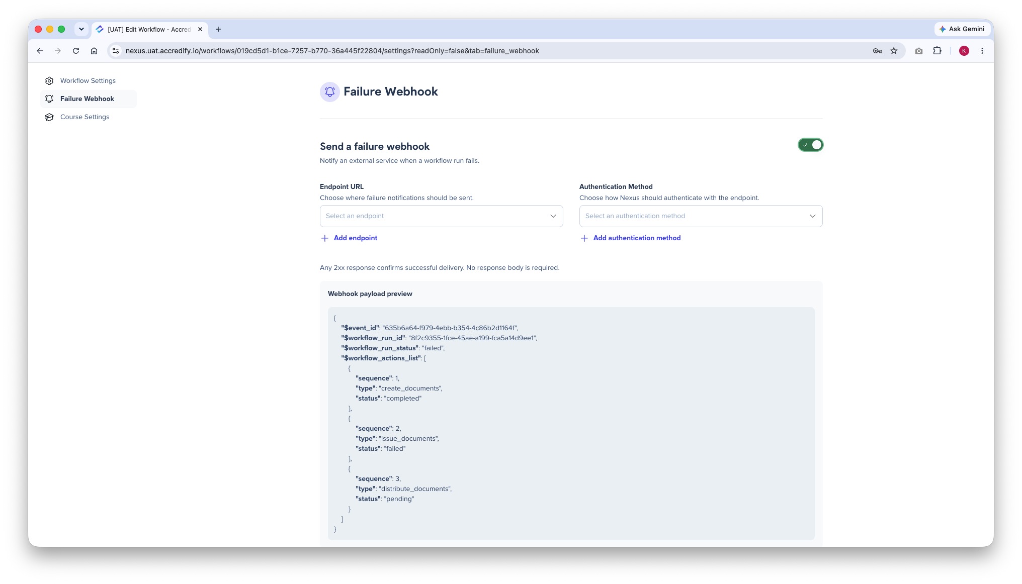 Failure Webhook settings showing the endpoint URL and authentication method fields