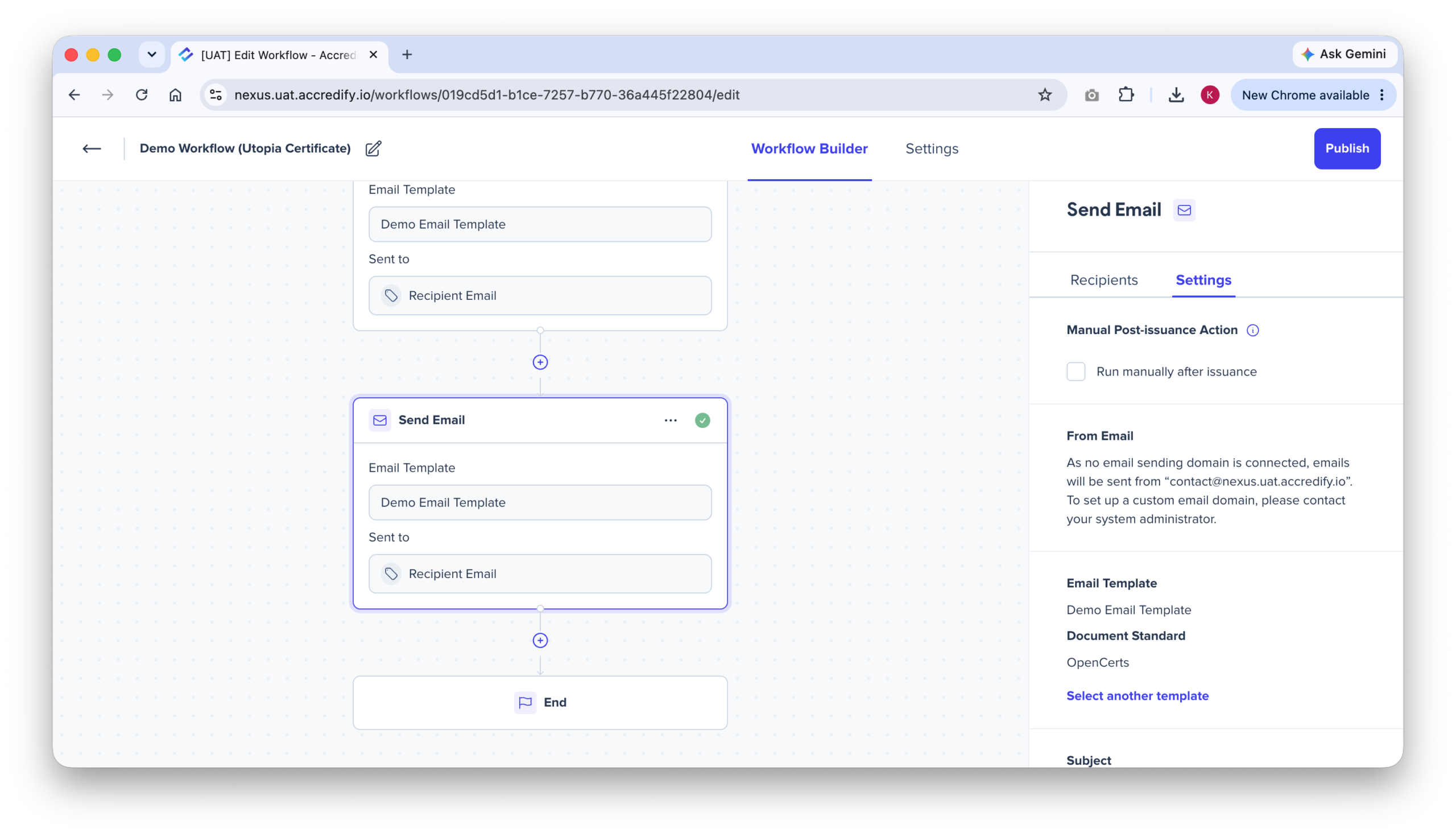 Send Email action card in a Workflow with Run manually after issuance ticked