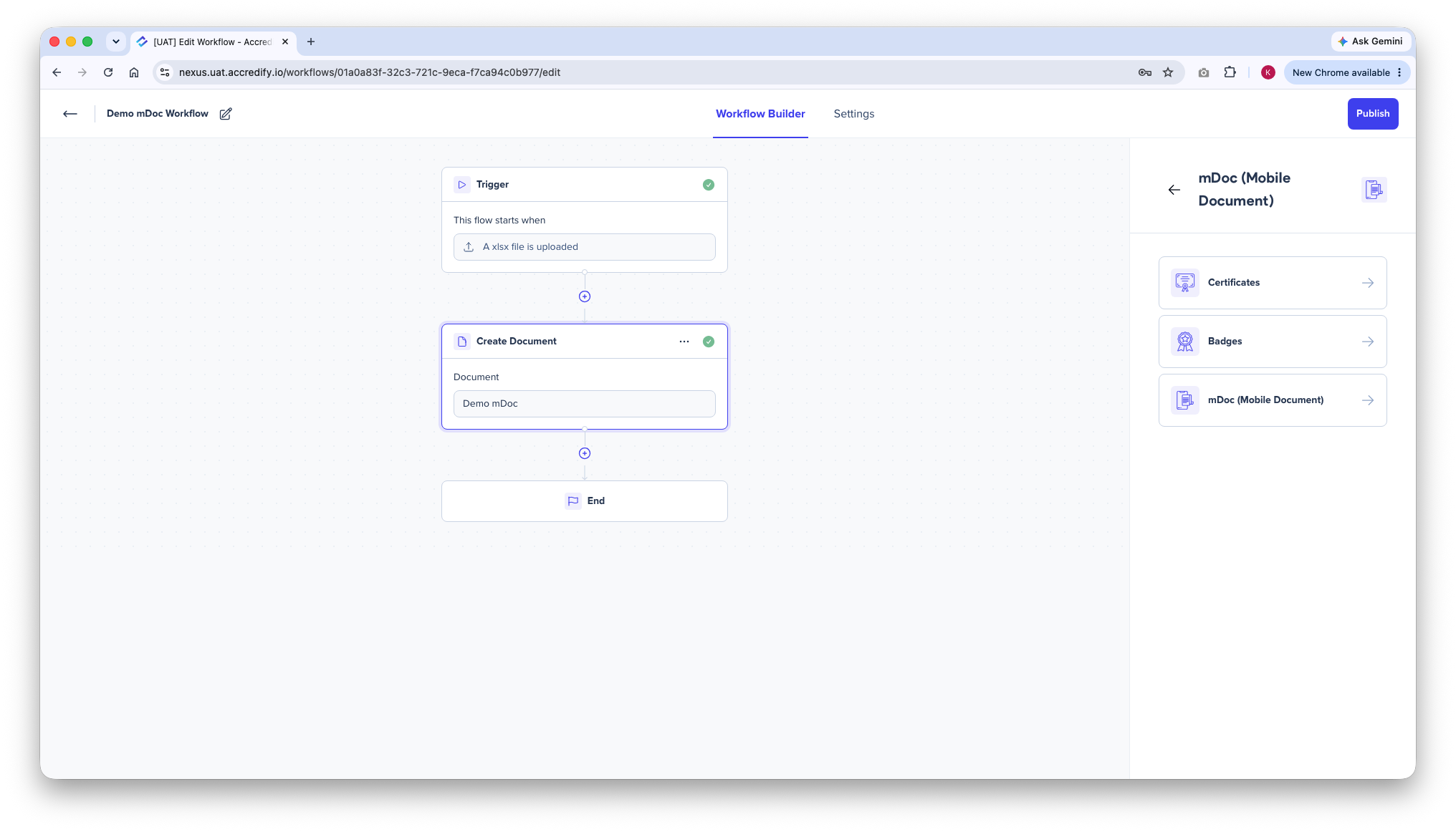 Create Document card in a Nexus Workflow with mDoc (Mobile Document) selected as the document type